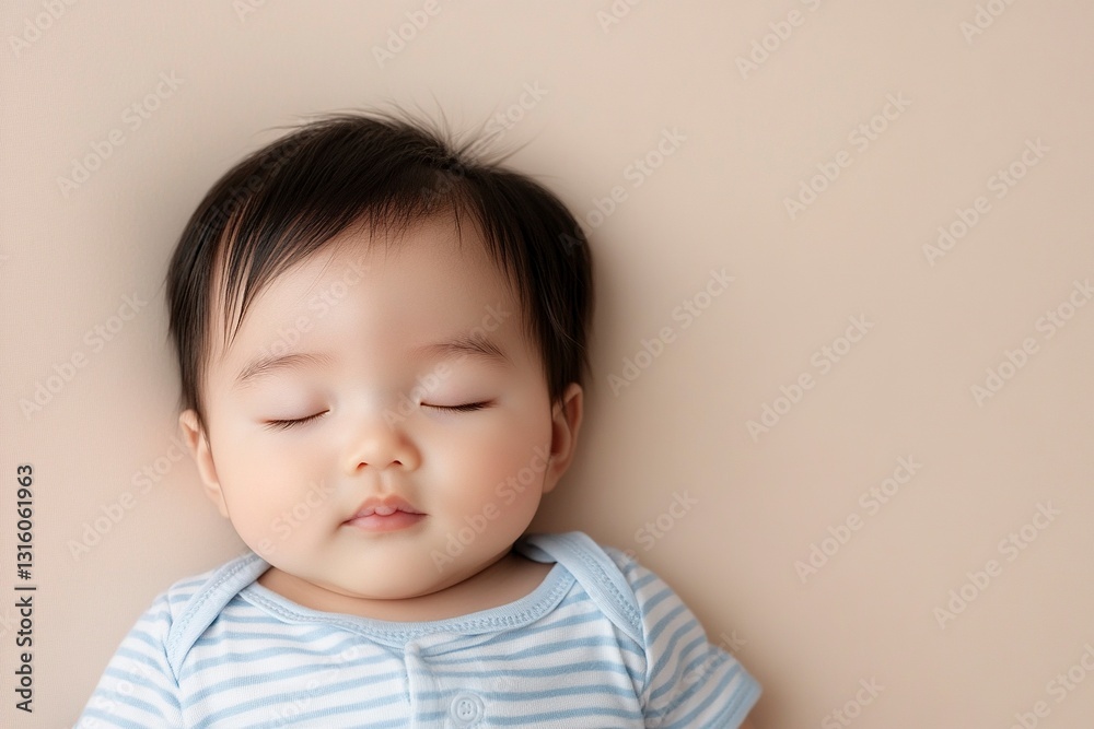Top view of an Asian newborn baby sleeping on their back in a crib, wearing a blue striped shirt and a white blanket. This is a top-down photograph with a copy space area, Top view of an Asian newborn baby sleeping on their back in a crib, wearing a blue striped shirt and a white blanket. This is a top-down photograph with a copy space area,