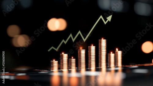 Financial growth concept. Stacked coins with an upward trending arrow indicating positive economic progress, investment, profit