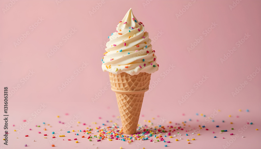 Delicious Vanilla Ice Cream Cone with Sprinkles on a Pink Background Delicious Vanilla Ice Cream Cone with Sprinkles on a Pink Background