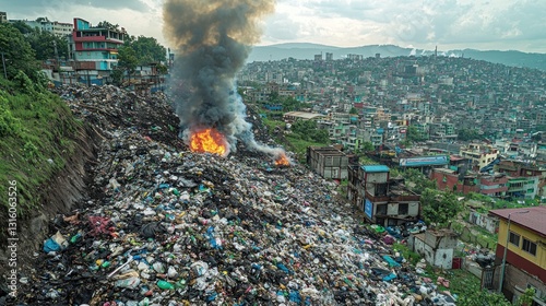 Hillside garbage smolders near a densely populated area, releasing plumes of smoke into the atmosphere