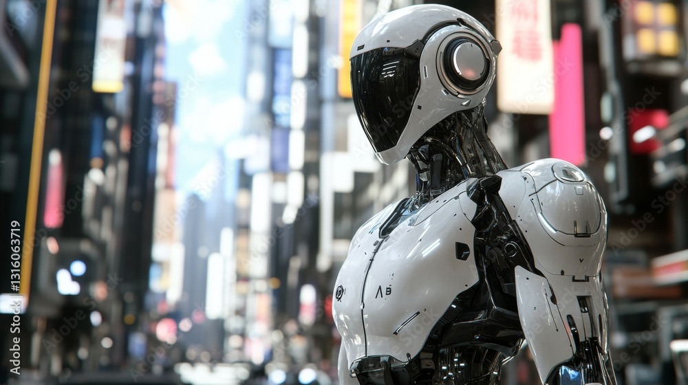 Futuristic Android Walking Through Urban Metropolis - Modern Artificial Intelligence in Cityscape Futuristic Android Walking Through Urban Metropolis - Modern Artificial Intelligence in Cityscape