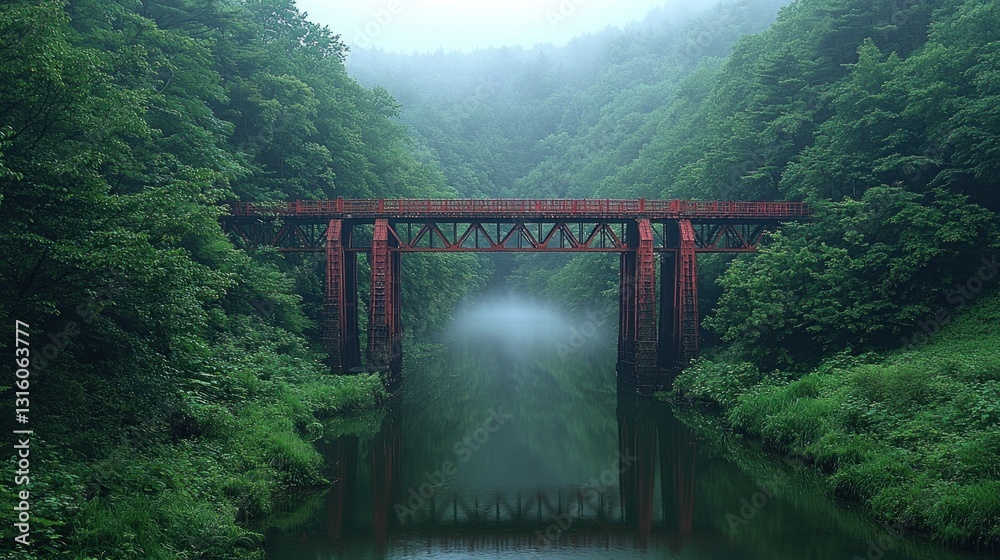 Fototapeta premium Red bridge spans tranquil river between lush green trees, fog above