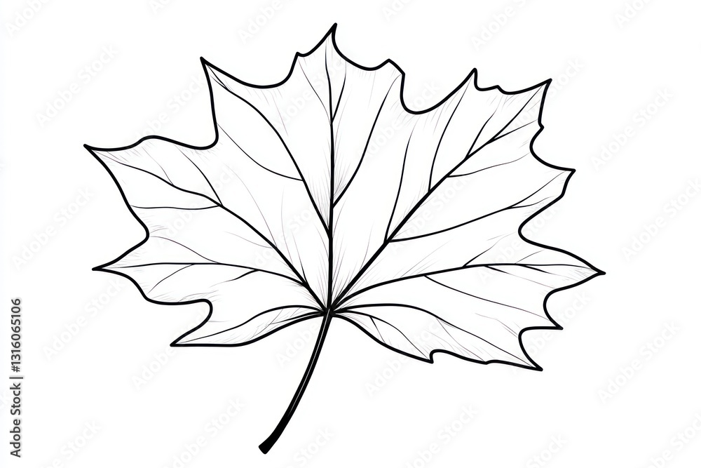 Fototapeta premium Single maple leaf line drawing, autumn, white background, nature illustration