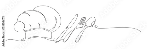 chef hat and cutlery in continuous line art style 5