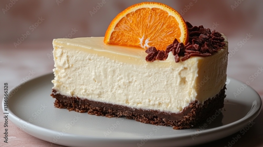 Slice of cheesecake with orange, sits on a plate. Rich, creamy, and decadent dessert Slice of cheesecake with orange, sits on a plate. Rich, creamy, and decadent dessert