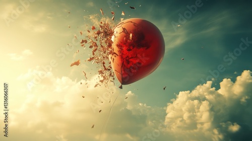 Red balloon exploding in mid-air, against a backdrop of clouds and a vibrant sky.