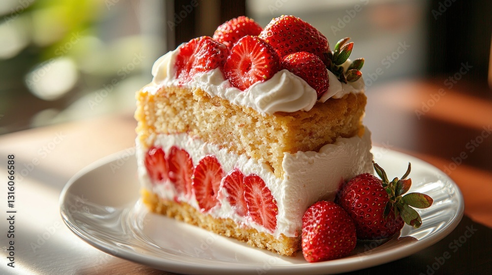 Slice of creamy cake topped with fresh strawberries on a white plate, near a sunny window Slice of creamy cake topped with fresh strawberries on a white plate, near a sunny window