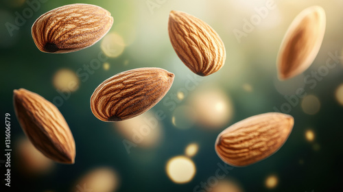 A close-up of almonds tumbling in mid-air, rich earthy tones, soft focus background