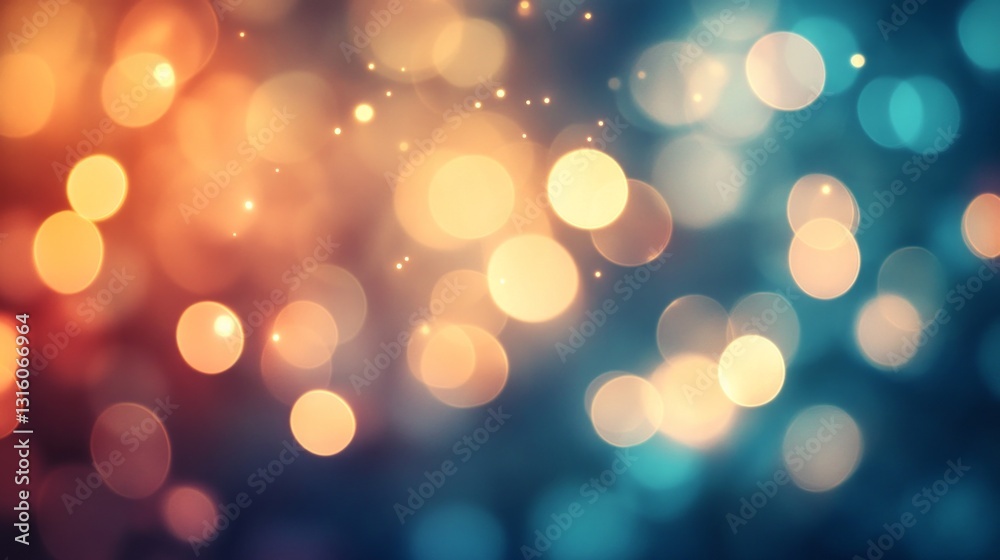 Fototapeta premium Soft and shimmering lights in warm hues blend with cool tones, setting a magical ambiance at a festive evening celebration. The blurred bokeh evokes a sense of wonder and joy