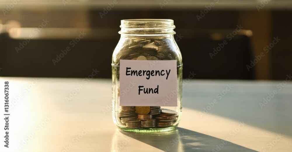 Glass jar labeled emergency fund with only few coins inside soft warm light reflecting off glass symbolizing financial struggles and savings