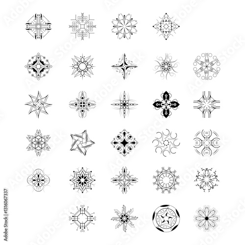 Set Black Colleciton Line Snowflake Doodle Winter Decoration Elements Vector Design Style