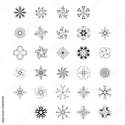 Set Black Colleciton Line Snowflake Doodle Winter Decoration Elements Vector Design Style