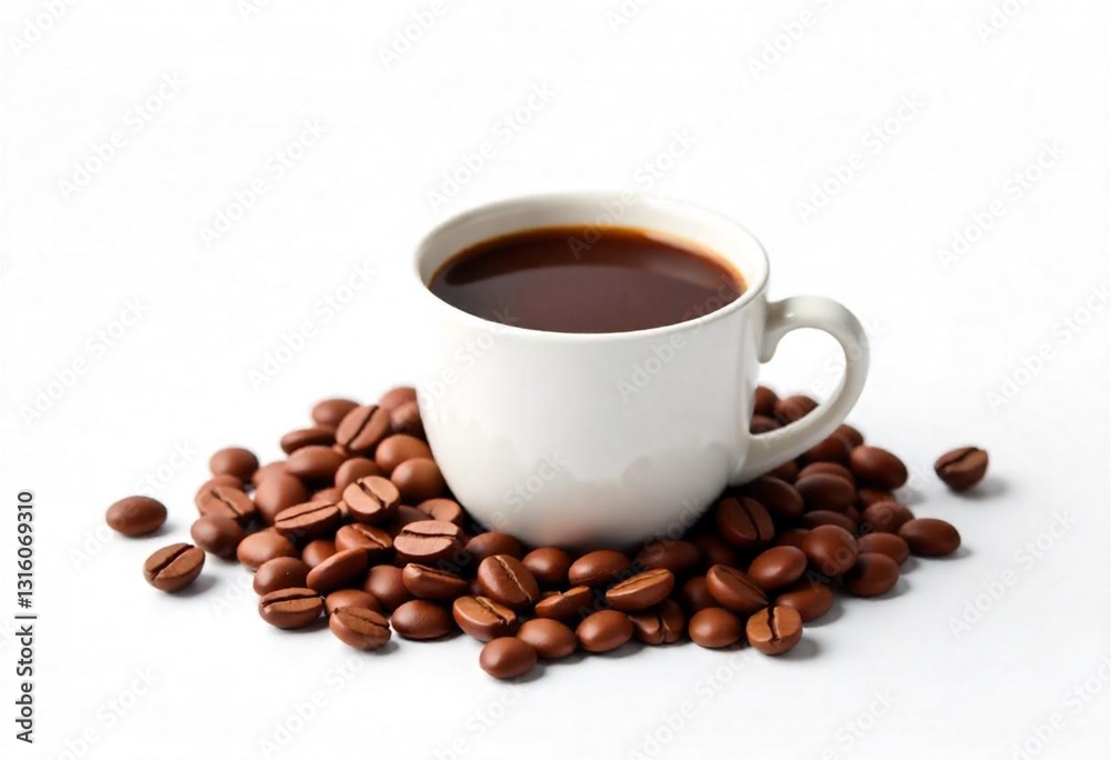 Realistic 3D Coffee Cup with Coffee Beans on White Background - Vector Illustration Realistic 3D Coffee Cup with Coffee Beans on White Background - Vector Illustration