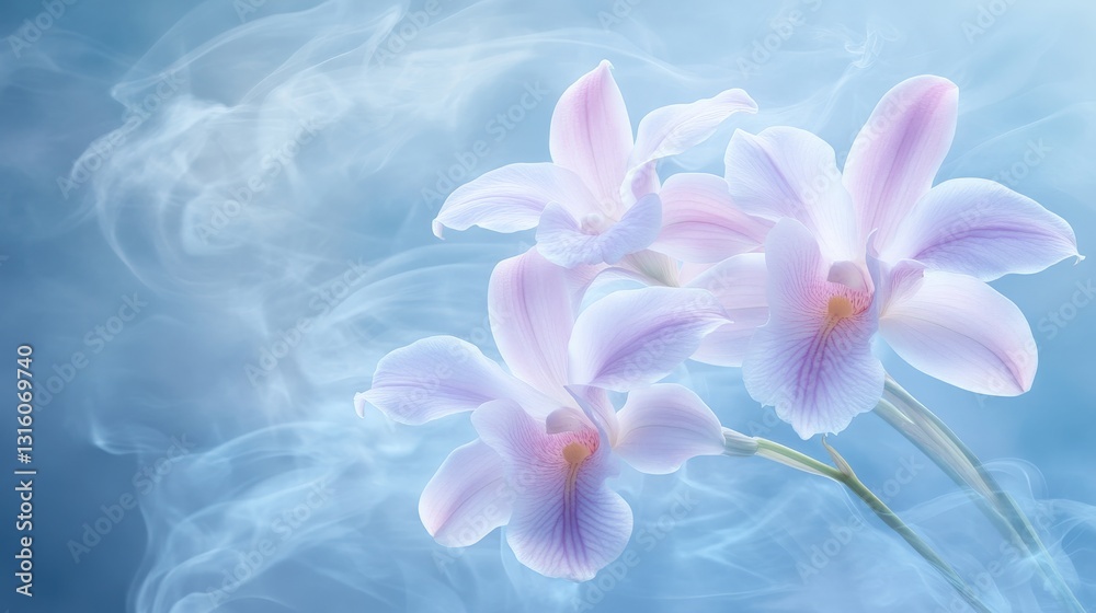 Serene Blue Background with Calming Orchid Blooms Serene Blue Background with Calming Orchid Blooms