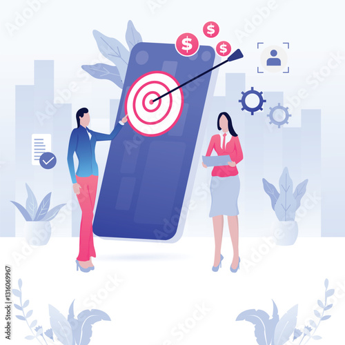 Mobile Target Marketing Women collaborate, achieving financial goals in an urban setting