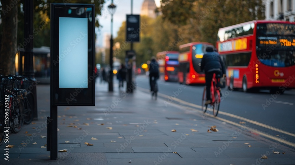 Blank Advertisement on London Street with Cyclists and Buses Blank Advertisement on London Street with Cyclists and Buses
