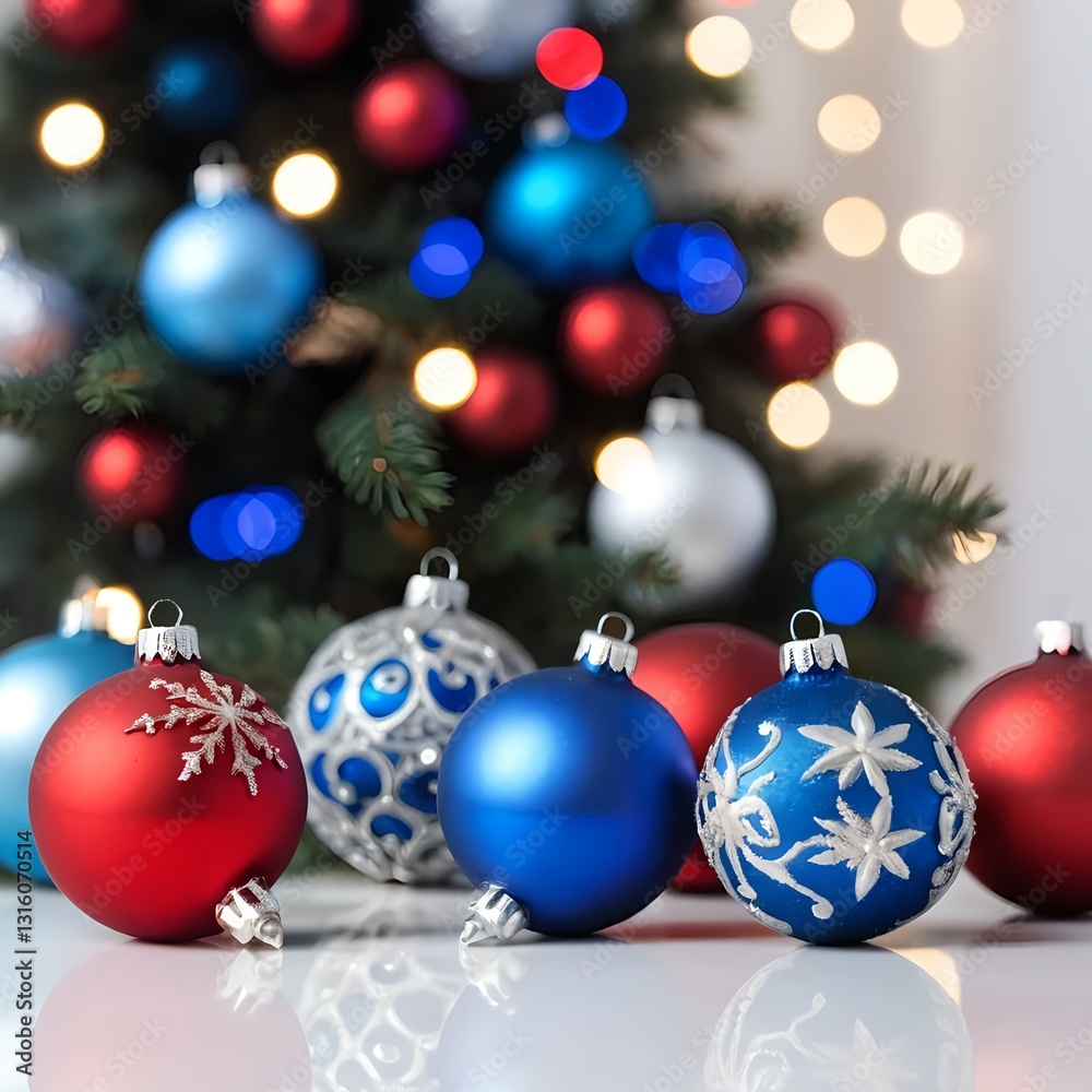 Red and Blue Christmas Ornaments on White Surface with Blurred Christmas Tree Background Red and Blue Christmas Ornaments on White Surface with Blurred Christmas Tree Background