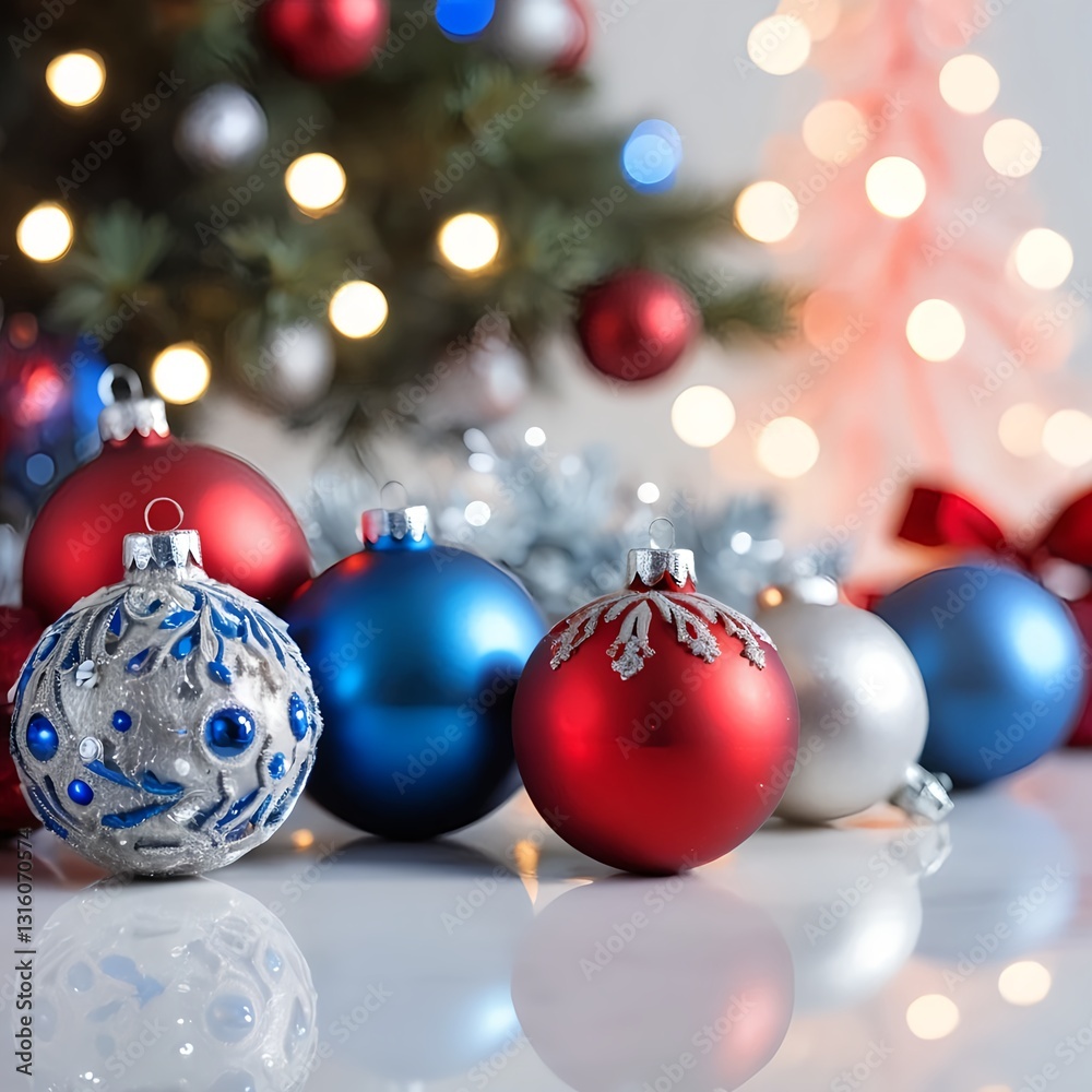 Christmas Ornaments on Reflective Surface with Blurred Background Christmas Ornaments on Reflective Surface with Blurred Background
