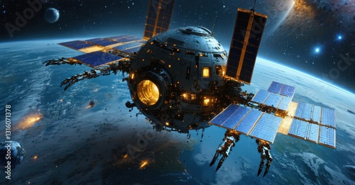 Lost ai satellite gaining self awareness glowing cybernetic limbs extending as it reconstructs itself preparing to return to forgotten earth photo