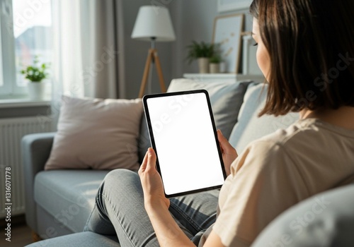 Female Using Tablet with Empty White Display, Home Setting Mockup
