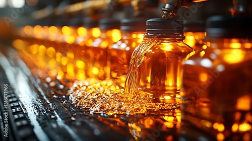 Thick sunflower oil cascading down from a tilted glass bottle
