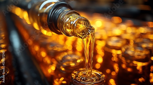 Thick sunflower oil cascading down from a tilted glass bottle