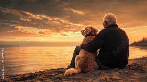 Golden Moments: An Elderly Man and His Loyal Dog Watching the Sunset