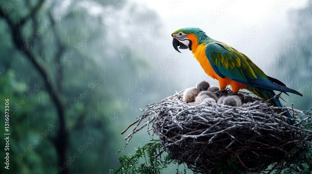 Obraz premium Blue and yellow Macaw Protecting Chicks in Rain
