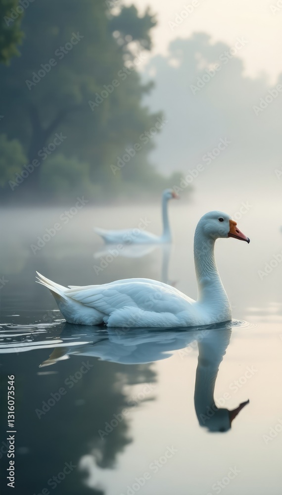 White Geese glide smoothly on foggy lake surface, nature, wildlife White Geese glide smoothly on foggy lake surface, nature, wildlife