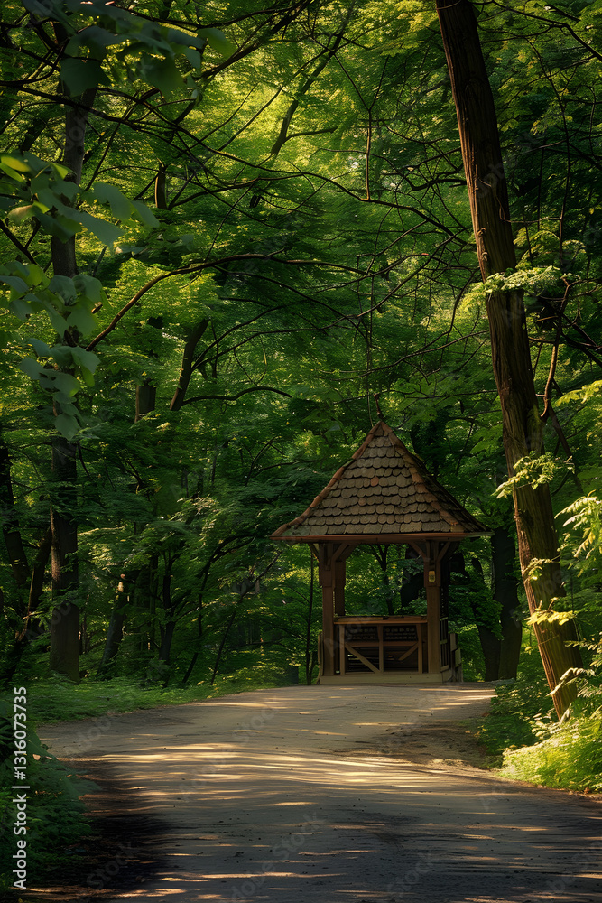 Charming Wooden Toll Booth in a Serene Forest Setting with Sunlight Filtering Through Trees Charming Wooden Toll Booth in a Serene Forest Setting with Sunlight Filtering Through Trees