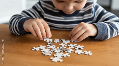 A young child eagerly pieces together a puzzle at a wooden table, fully absorbed in the challenge and fun.