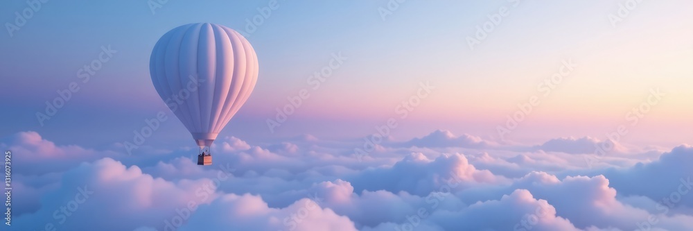 Naklejka premium White hot air balloon floats serenely above a gradient blue and purple sky, soft focus, cloud