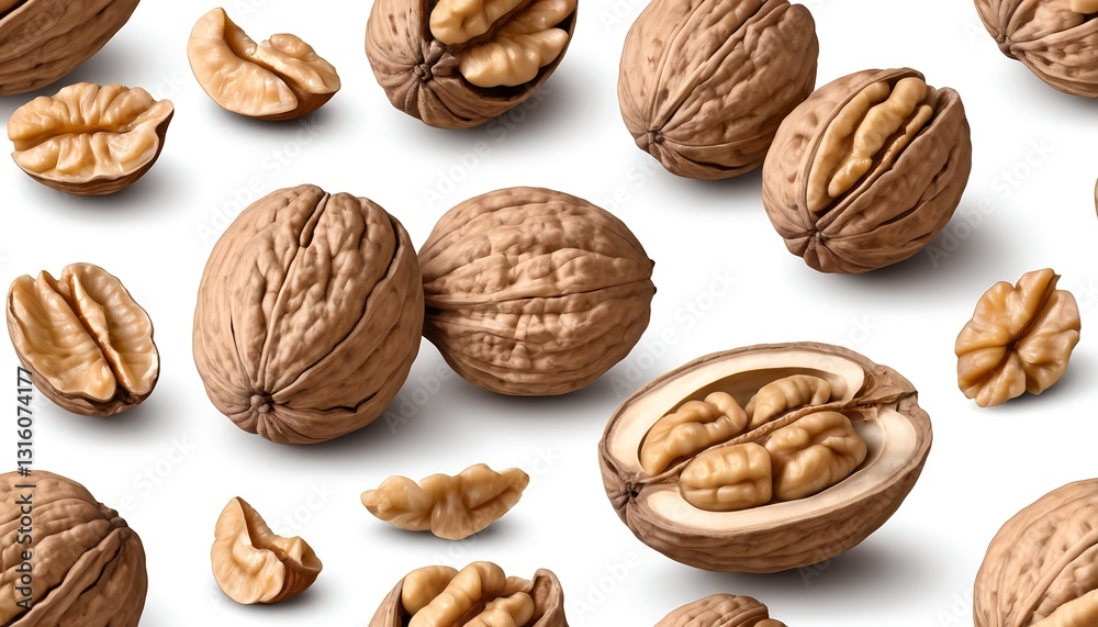 Walnuts in Shell and Halves, Seamless Pattern Walnuts in Shell and Halves, Seamless Pattern