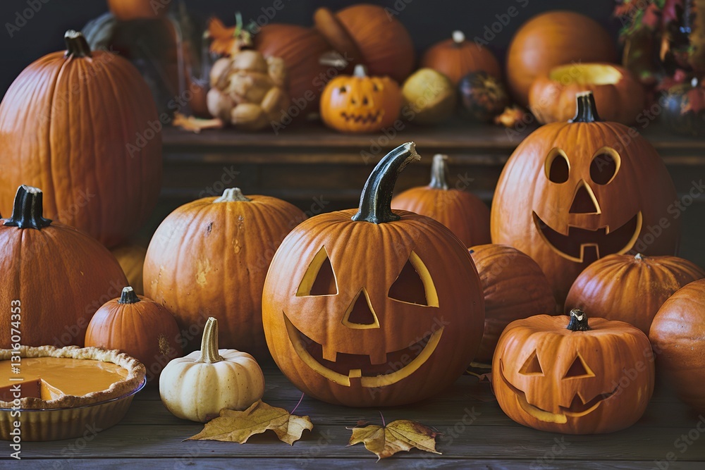Obraz premium A photo of a wooden table with a variety of pumpkins