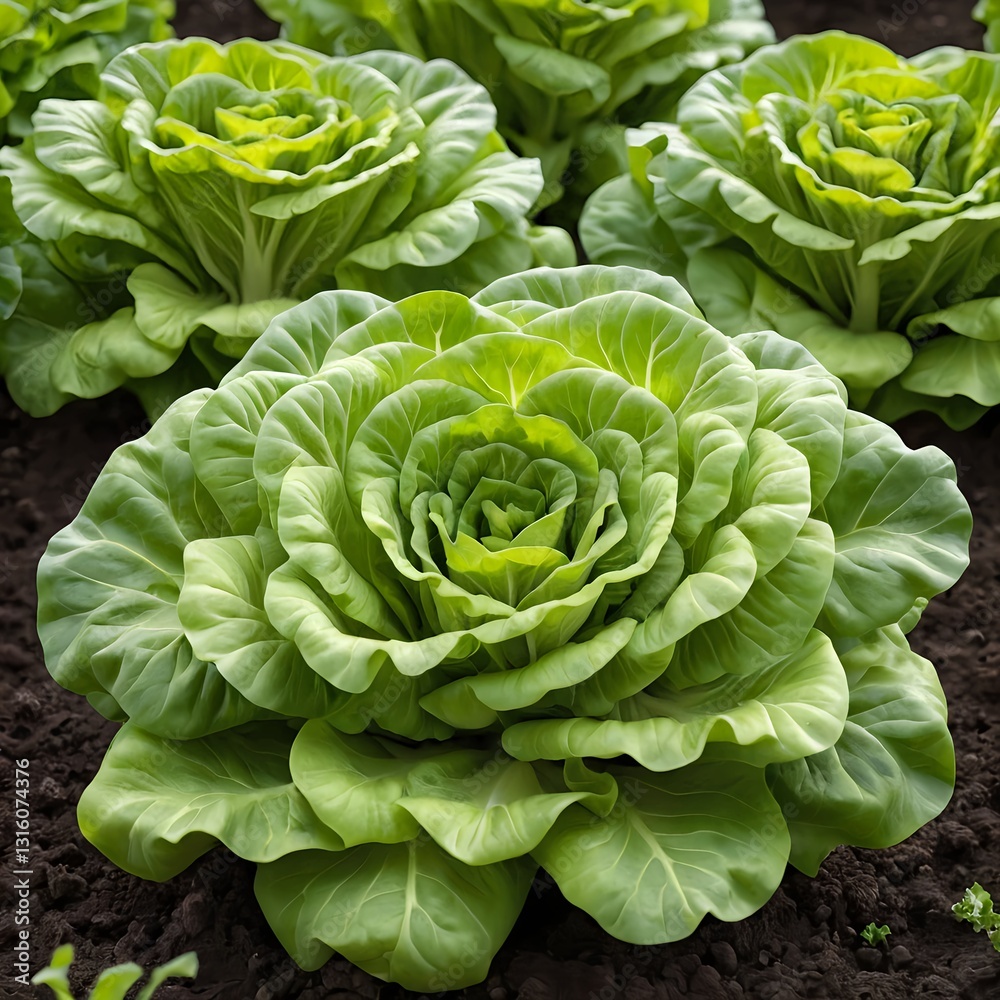 Obraz premium Fresh Green Lettuce Heads in Garden