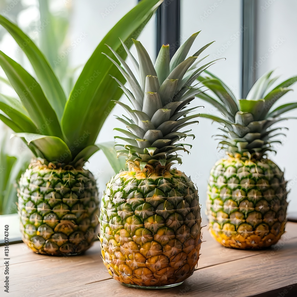 Three Pineapples on Wooden Table by Window Three Pineapples on Wooden Table by Window