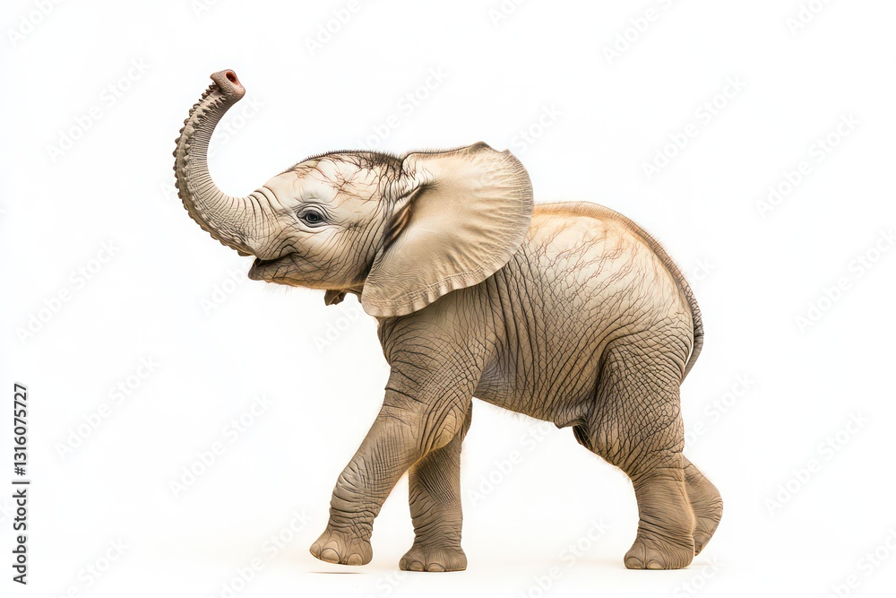 Fototapeta premium Tiny baby elephant raising its trunk playfully, on a white backdrop.
