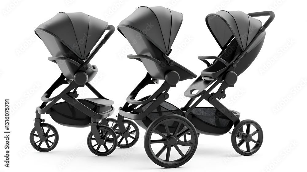 3D render of a modern black pushchair with seat for toddlers on a white background 3D render of a modern black pushchair with seat for toddlers on a white background