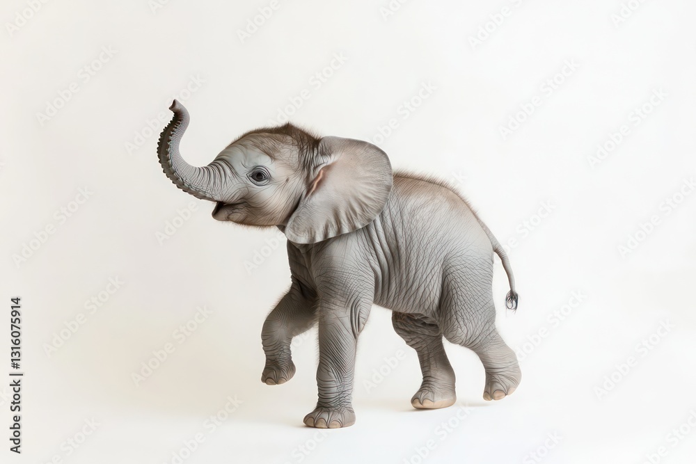Fototapeta premium Tiny baby elephant raising its trunk playfully, on a white backdrop.