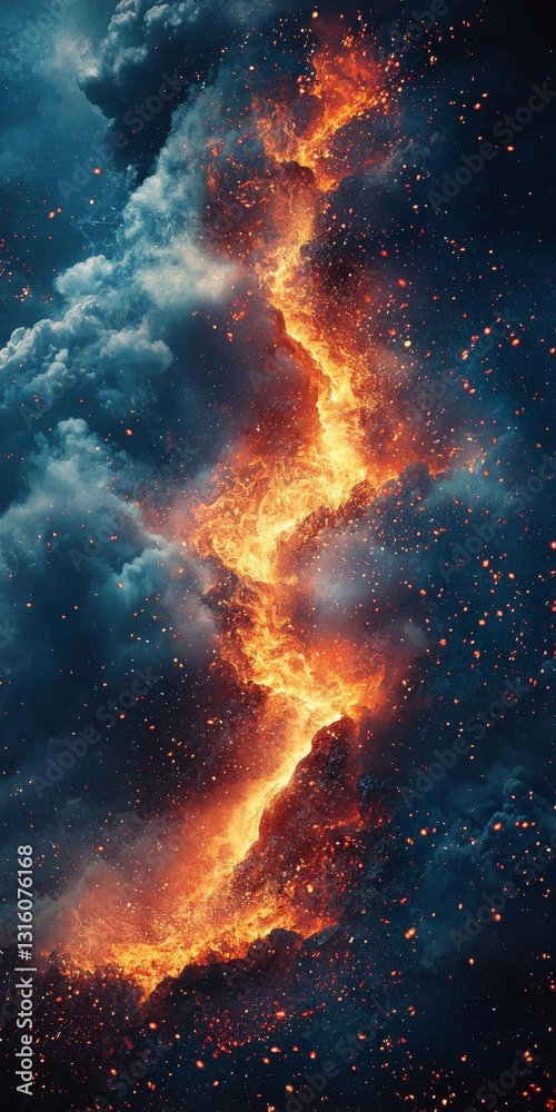 Fototapeta premium Fiery Cascade: A River of Lava Flows Through a Dramatic Nightscape