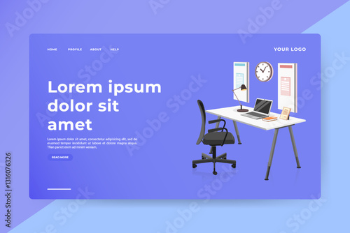 Modern office workspace website design, purple background