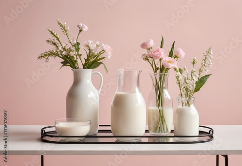Wallpaper Mural Milk, Flowers, and Pastel Pink Still Life Torontodigital.ca