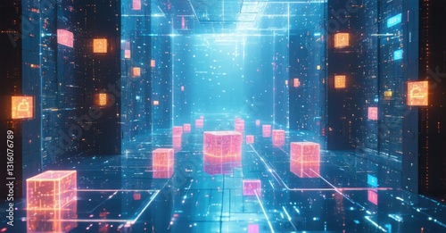 Post human civilization where consciousness exists only in floating neon cubes ai curators tending to digital souls preserved in cyber vaults