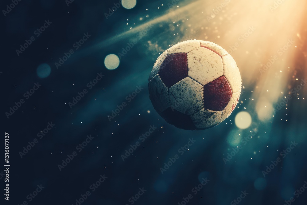 Naklejka premium Soccer ball, stadium lights, night game, action shot, sports