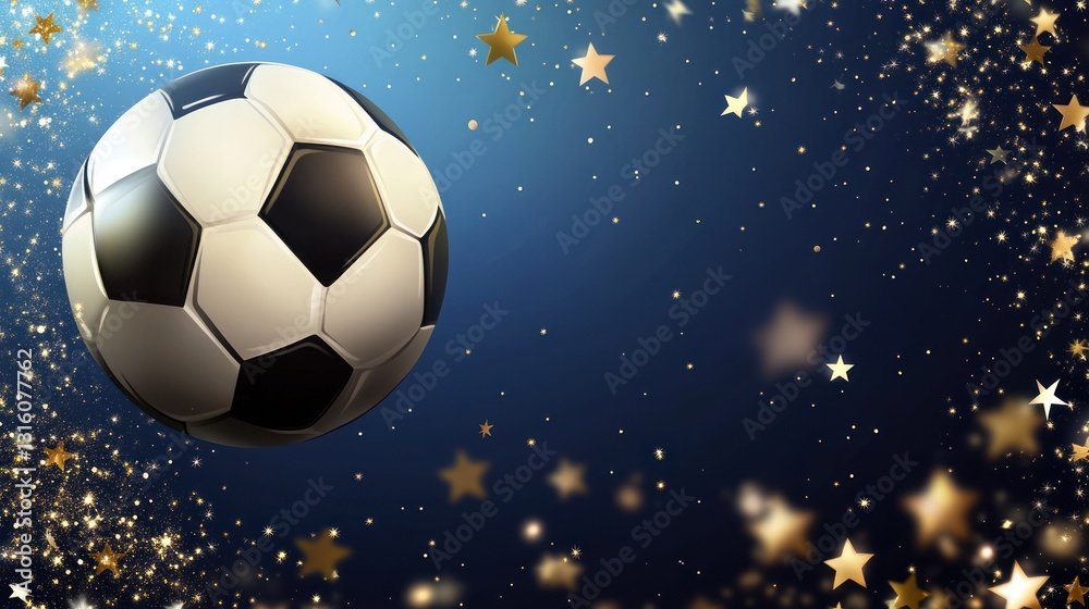 Naklejka premium Soccer ball, night sky, golden stars, celebration, sports banner