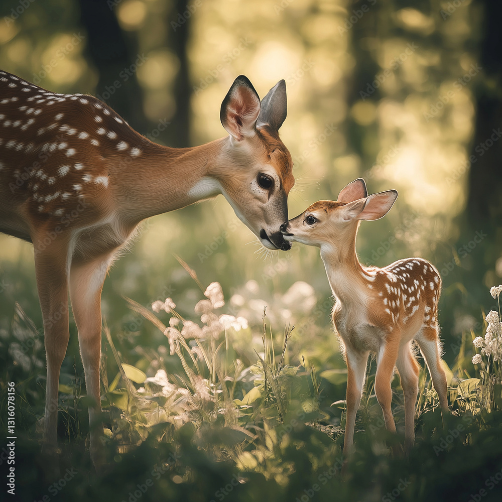 A white-tailed deer fawn and its mother in the forest, with a grassy field in the background. An adorable baby animal scene, captured in a cinematic, award-winning photograph. This