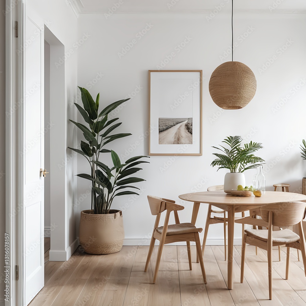 Fototapeta premium Modern Minimalist Dining Room Interior with Wooden Furniture and Plants