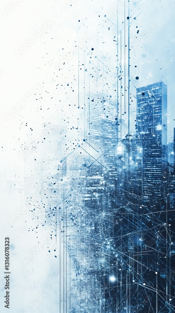 Obraz premium Explore a captivating futuristic cityscape featuring abstract digital elements and shimmering light effects, ideal for technology and innovation themes.