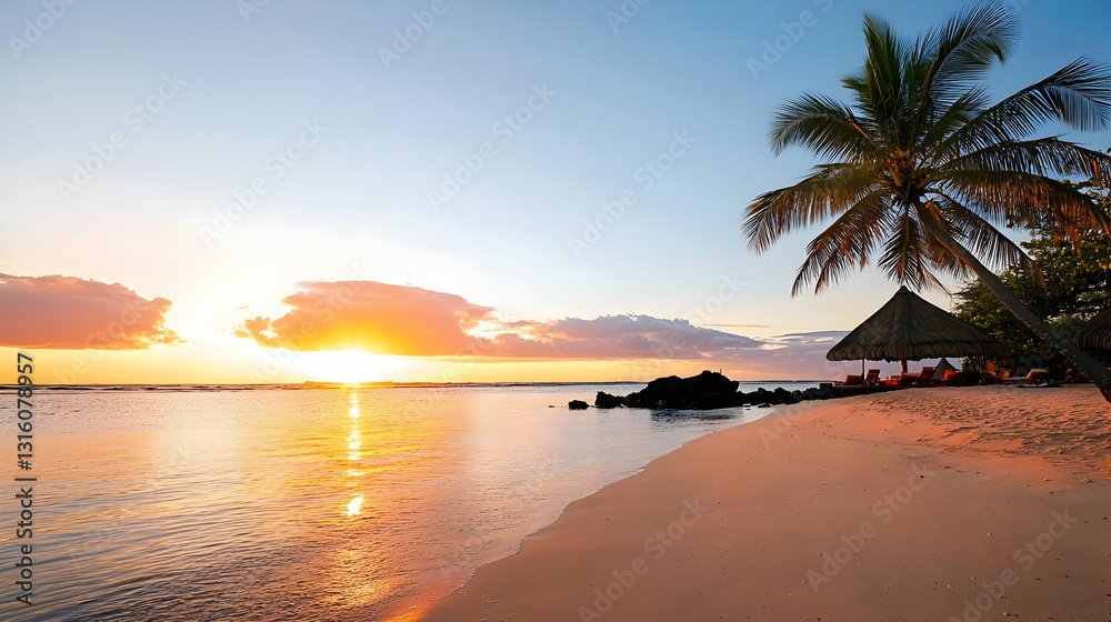 Golden Sunset Over A Tranquil Tropical Beach With Palm Tree And Beach Umbrella Silhouette In Warm Vibrant Colors Golden Sunset Over A Tranquil Tropical Beach With Palm Tree And Beach Umbrella Silhouette In Warm Vibrant Colors