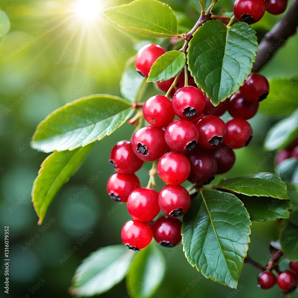 Obraz premium Sunlit Red Berries on Branch